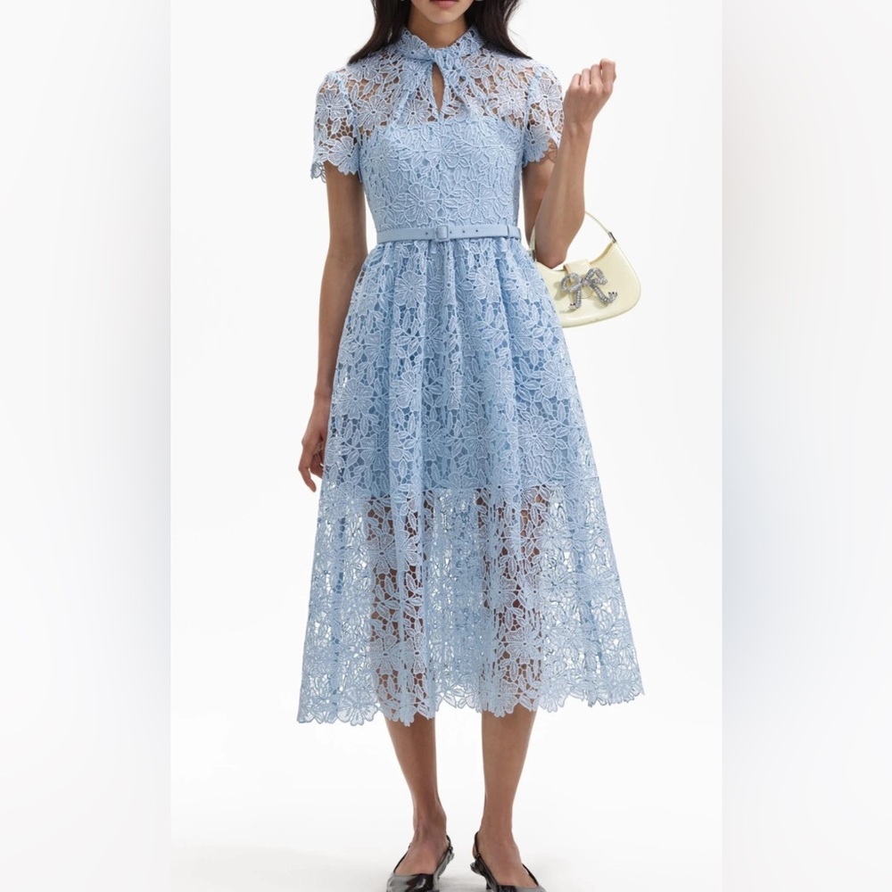 Self-Portrait Blue Guipure Lace A-Line Midi Dress